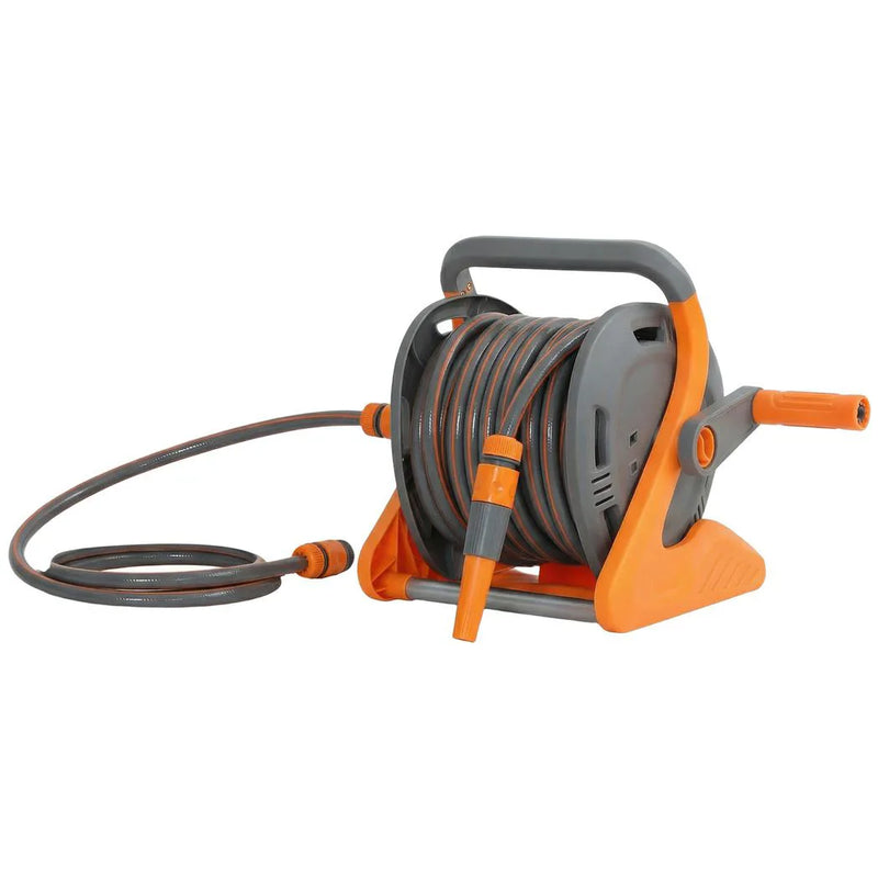 Outsunny Portable Garden Hose Reel, 20 m Wall Mounted Hose Reel with 2 Patterns Spray Nozzle and Crank Handle, Orange