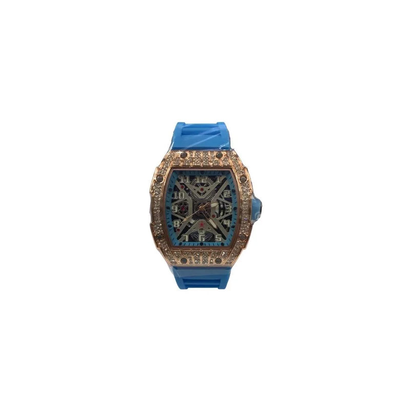 New Rubber Gents Rose Bling Fashion Quartz Movement Skeleton Clear Dial Blue Rubber Strap Watch