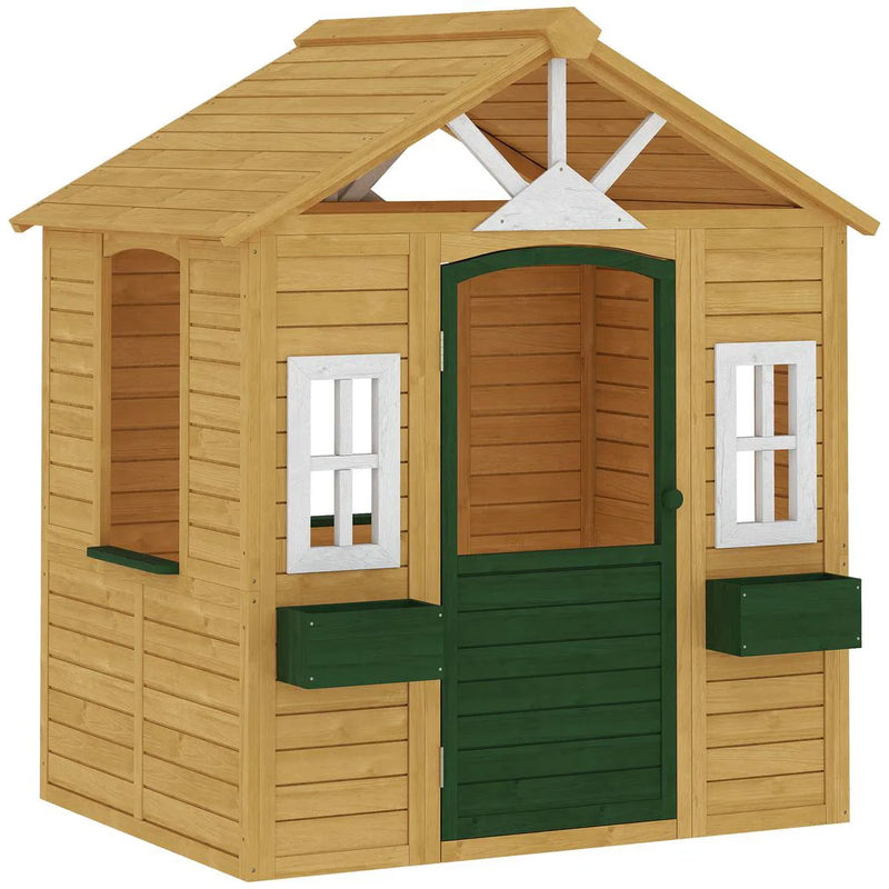 AIYAPLAY Outdoor Kids Playhouse, Wooden Wendy House with Door, 3 Windows, 2 Flower Boxes for Garden, Indoor Playroom