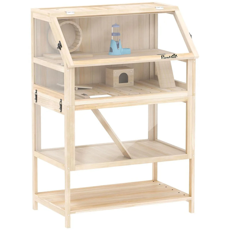 PawHut Wooden Hamster Cage with Detachable Lower Floor, Storage Shelf, Hut, Seesaw, Exercise Wheel, Ramps for Hamster