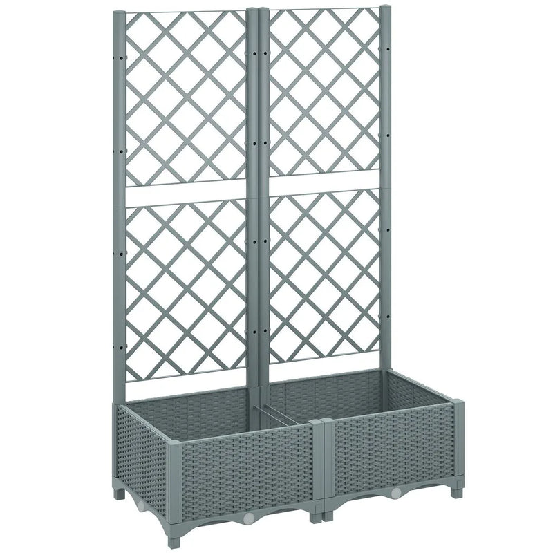 Outsunny Raised Garden Bed with Trellis, Plastic Planter Box with Drainage Holes, Drain Plugs and Water Reservoirs for Climbing Plants, Vegetables, Flowers, Grey