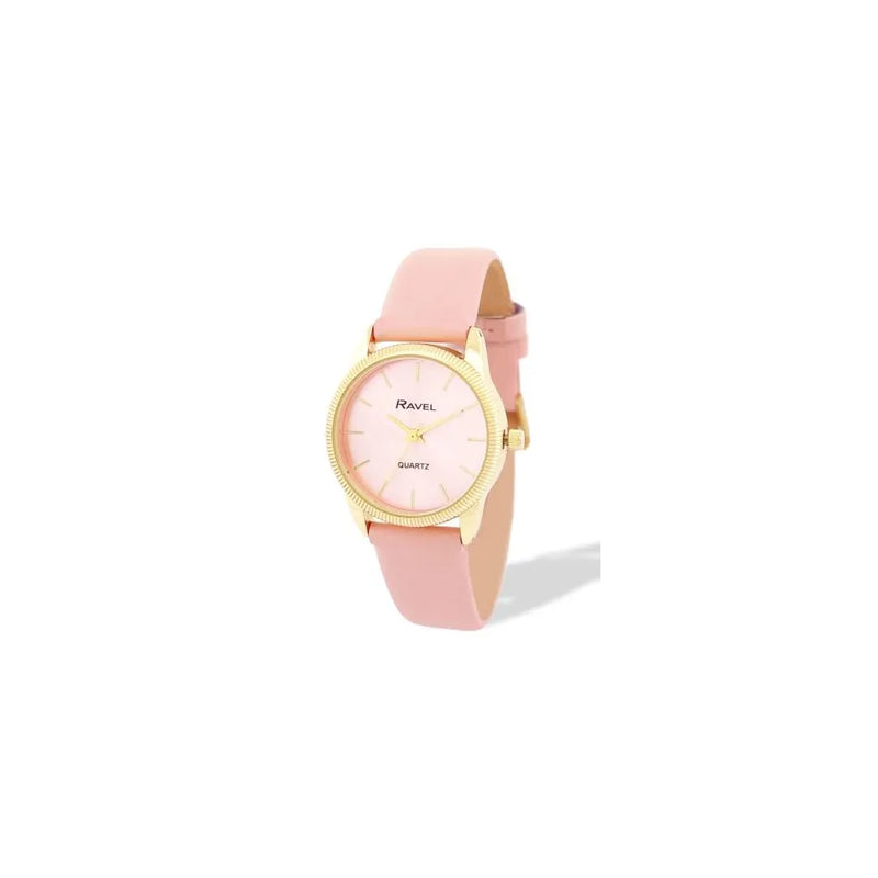 Ravel Ladies Fashion Round Golden Textured Case Dial with Pink Leather Strap Watch