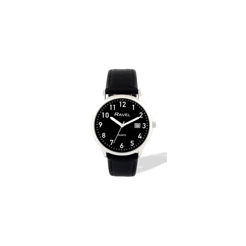 Ravel Mens Basic Silver case Dated Black Dial With Black Faux Leather Strap Watch
