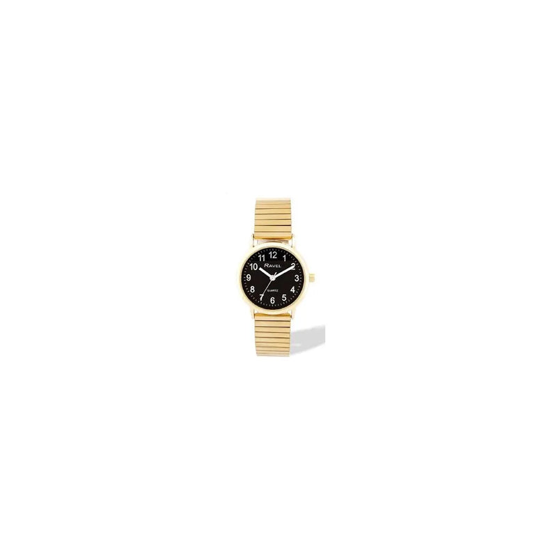 Ravel Ladies Basic Everyday Black Dial Golden Stainless Steel Expander Bracelet Watch