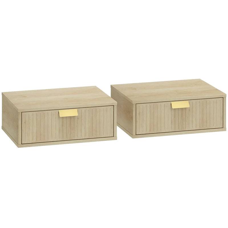 HOMCOM Modern Floating Nightstands Set of 2, Wall Mounted Bedside Tables with Wave Drawer Oak