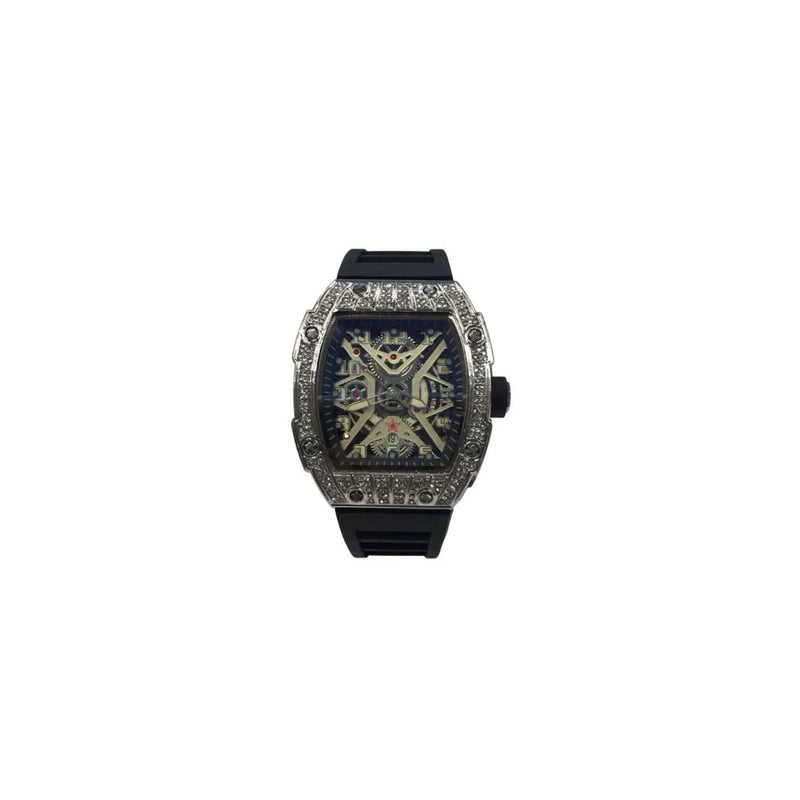New Rubber Gents Silver Bling Fashion Quartz Movement Skeleton Clear Dial Black Rubber Strap Watch