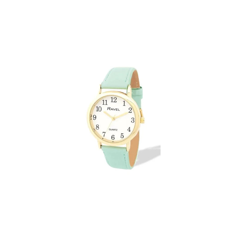 Ravel Ladies Basic Medium Gilt Case White Dial Green Leather Strap Watch