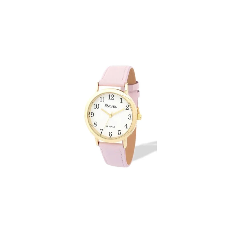 Ravel Ladies Basic Medium Gilt Case White Dial Pink Leather Strap Watch