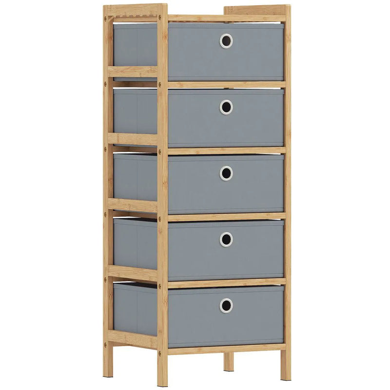 HOMCOM Chest of Drawers, 5 Fabric Drawers Narrow Dresser with Bamboo Frame, Light Grey