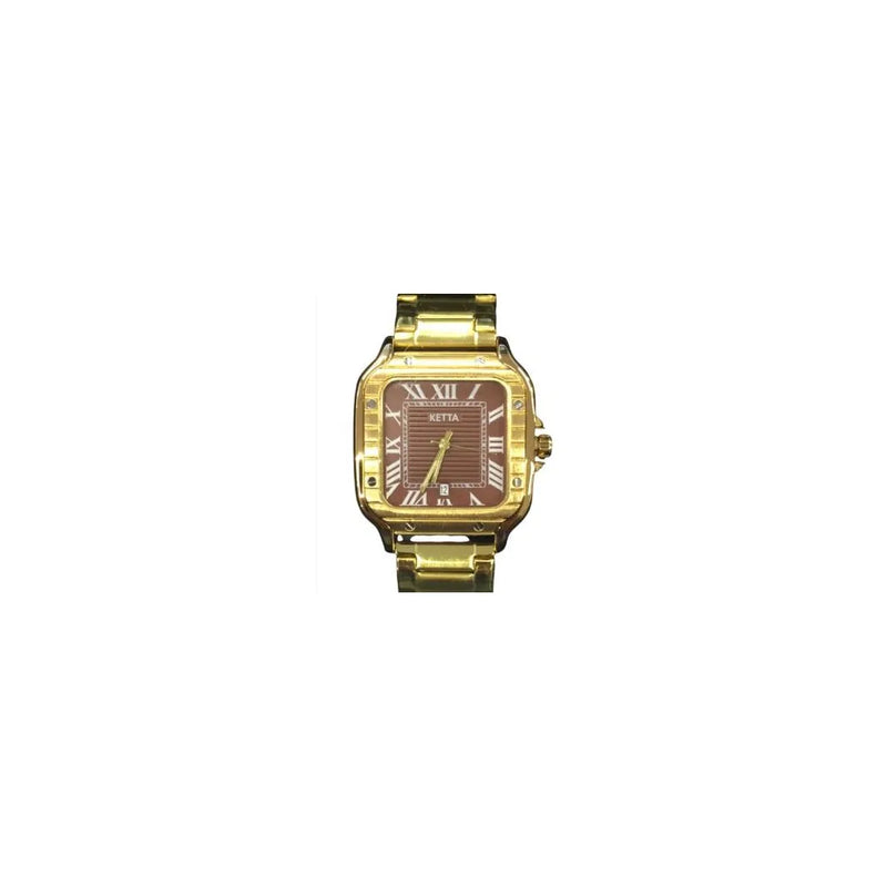 Ketta Mens Fashion Square Roman Number Dated Red Dial Golden Metal Bracelet Strap Watch