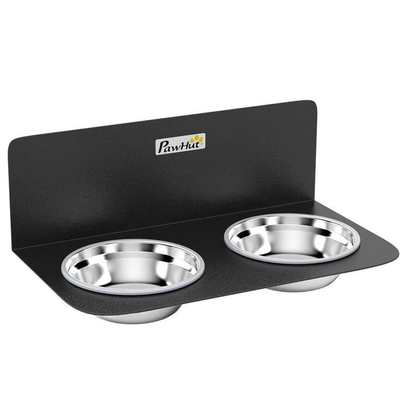 PawHut Wall Mount Dog Bowls, Adjustable Height Raised Dog Feeding Station with 2 Stainless Steel Bowls, 10kg Capacity, Black