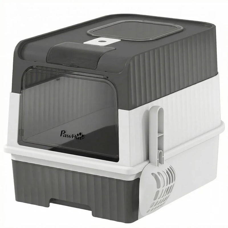 PawHut Enclosed Cat Litter Box with Lid, Pull-Out Drawer Tray, Scoop, 2 Deodorisation Bags, Front Entry & Top Exit, Grey