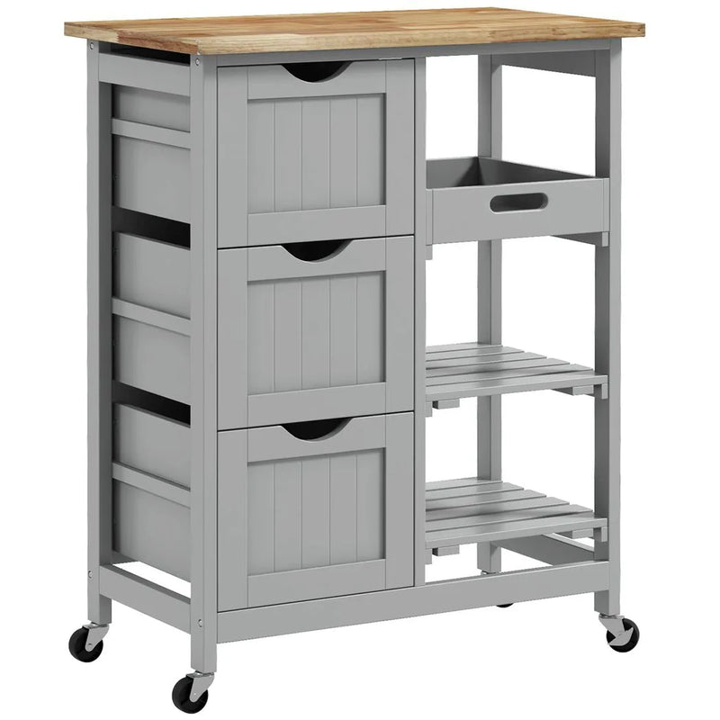 HOMCOM Rolling Kitchen Island Cart, Bar Serving Cart, Compact Trolley on Wheels with Wood Top, Shelves & Drawers, Grey