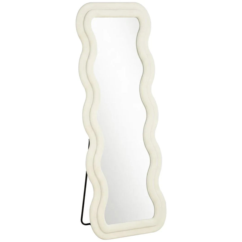 HOMCOM Full Length Mirror, 160 x 60 cm Wavy Full Body Wall Standing Mirror with Velvet Frame and Tempered Glass, Cream White