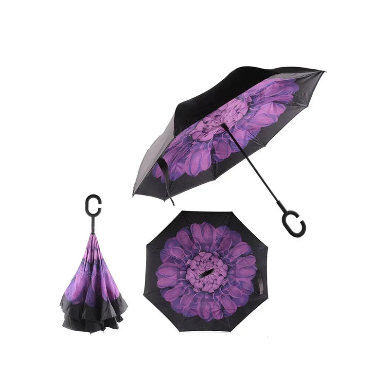 Reverse Inverted Double Layer Umbrella C Handle Assorted Designs