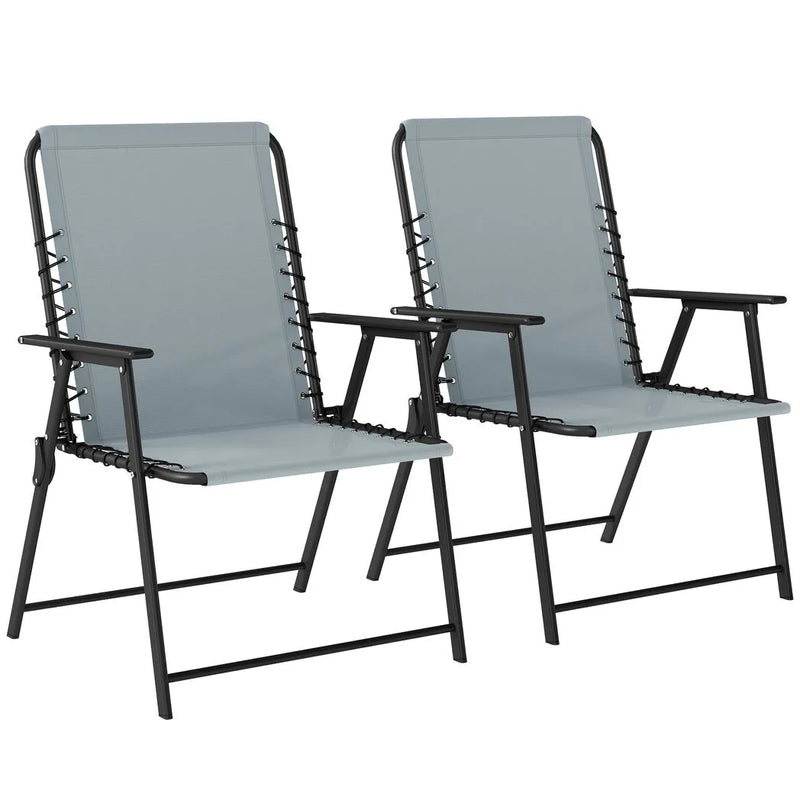 Outsunny Folding Garden Chairs Set of 2, Outdoor Dining Chairs with Wide Texteline Seat, High Back and Armrests, Light Grey