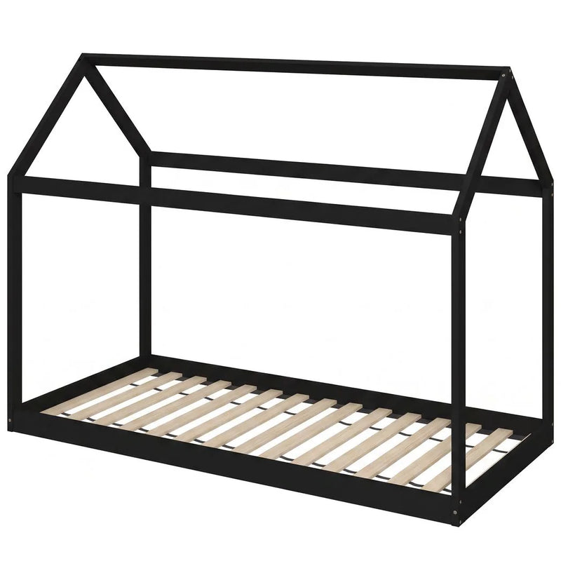 HOMCOM Single Bed Frame, House-Scandinavian-Style Wooden Bed Frame for 90W x 190D cm Mattress, Black