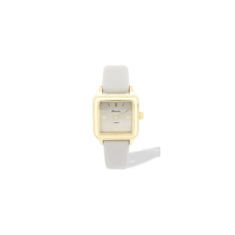 Ravel Ladies Fashion Summertime Square Gilt Case Dial with Grey Leather Strap Watch