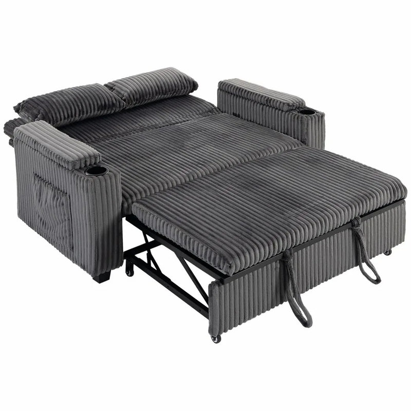 HOMCOM 2 Seater Sofa Bed, Pull Out Sleeper Sofa w/ Adjustable Backrest, Storage Armrests, Cup Holders, Side Pockets, Dark Grey