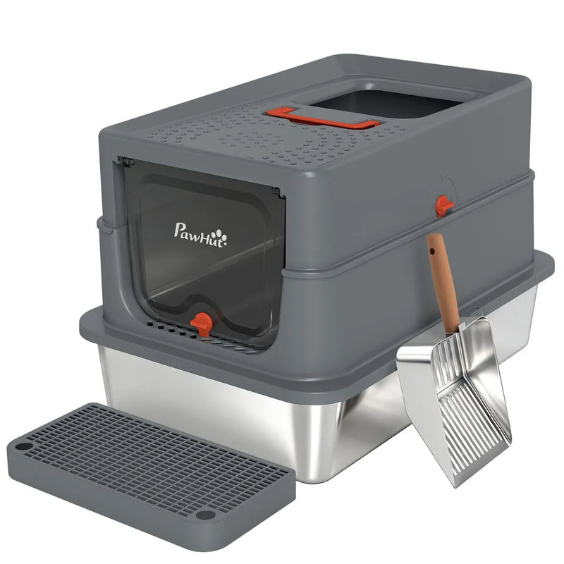PawHut Stainless Steel Cat Litter Tray with Lid, XL 90L Enclosed Cat Litter Box with Step, Scoop, High Side, Dark Grey