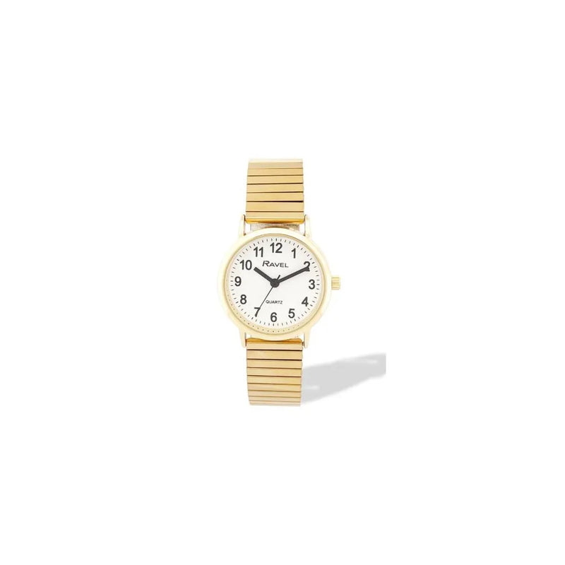 Ravel Ladies Basic Everyday White Dial Golden Stainless Steel Expander Bracelet Watch