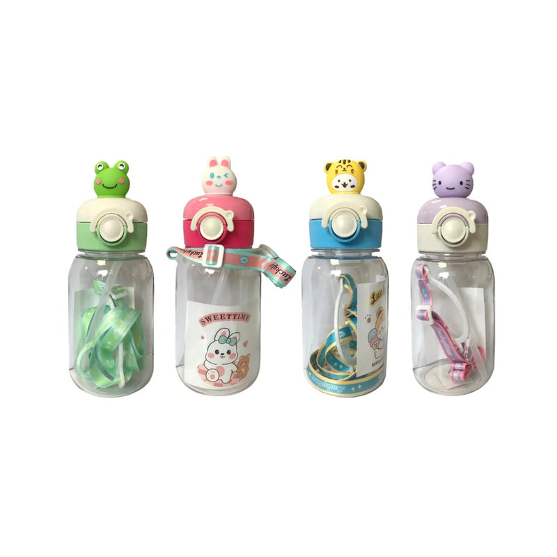 Plastic Water Drinking Bottle Cartoon Animal Design With Carrier Strap Assorted Designs