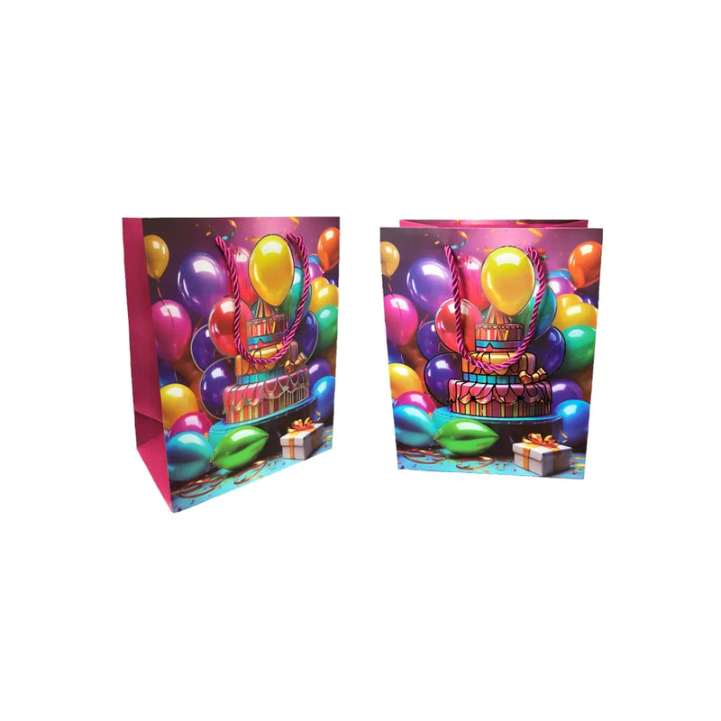 Paper Birthday Party Gift Bag With Cake And Balloon Design