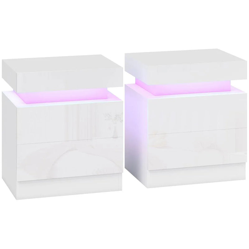 HOMCOM White Bedside Table with LED Light, High Gloss Front Nightstand with 2 Drawers, for Living Room, Bedroom, Set of 2