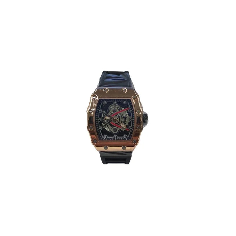 New Rubber Gents Rose Screw Fashion Quartz Movement Dated Skeleton Clear Dial Black Rubber Strap Watch
