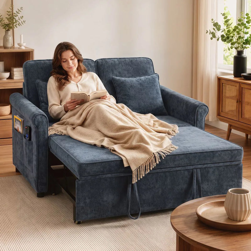HOMCOM 2 Seater Sofa Bed 3-in-1 Convertible Chenille Pull Out Sleeper Sofa with 5-Position Adjustable Backrest, Dark Blue