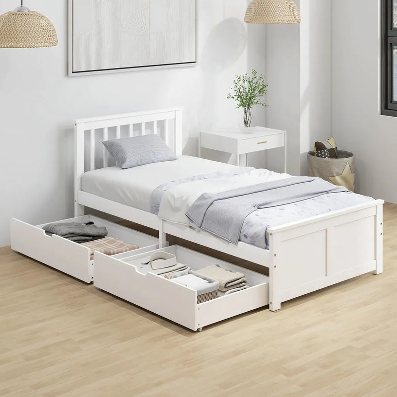 HOMCOM Wooden Single Bed Frame, with Drawers - White