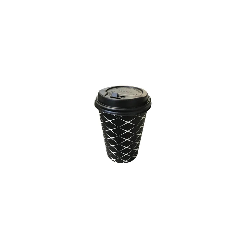 Black Paper Cup With Lid Printed Design 12Oz Pack Of 6 Assorted Designs