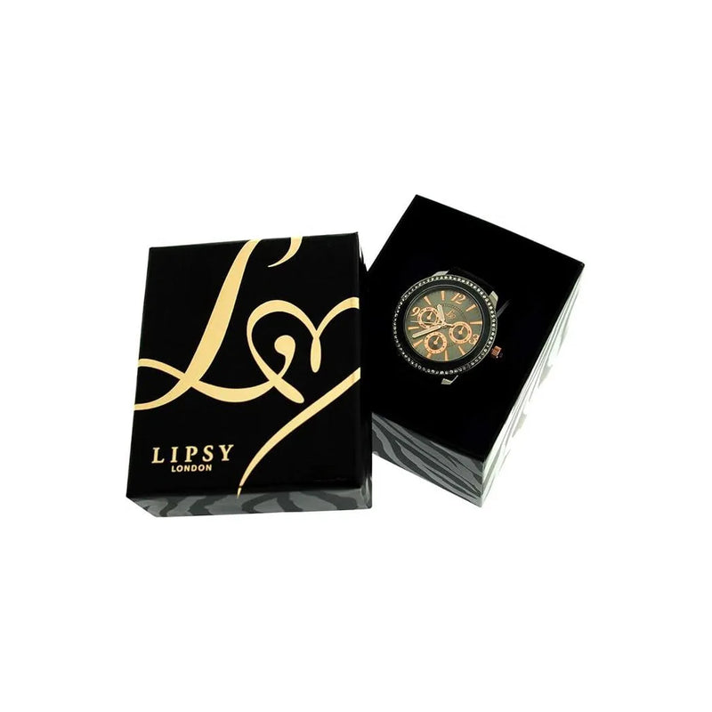 Lipsy London Ladies Bling Bezel Chrono Effect Dial Black Leather Strap Watch LP284 - CLEARANCE NEEDS RE-BATTERY