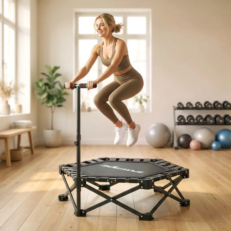 SPORTNOW 42" Foldable Mini Trampoline, One-Step Fold & Open, Rebounder Trampoline with 3-Level Adjustable Handle for Adults