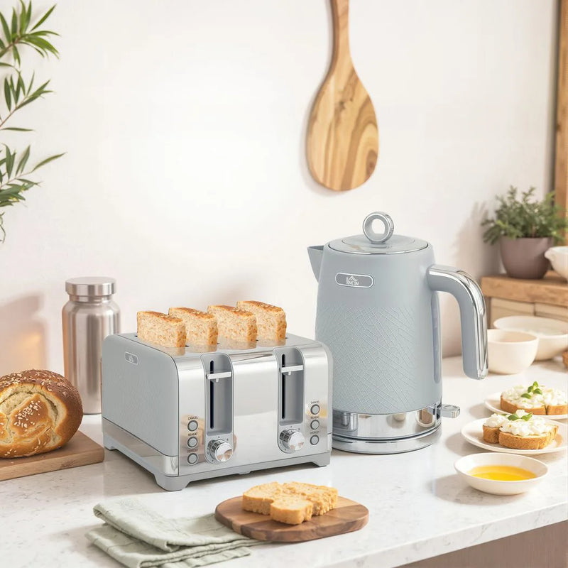 HOMCOM Sleek Textured Kettle and Four-Slice Toaster Set - Grey