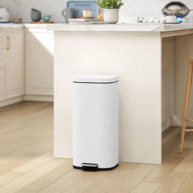 HOMCOM 30L Kitchen Bin, Compact Pedal Bin with Soft-Close and Stay-Open Lid, Removable Bucket for Kitchen, Home, Office, White