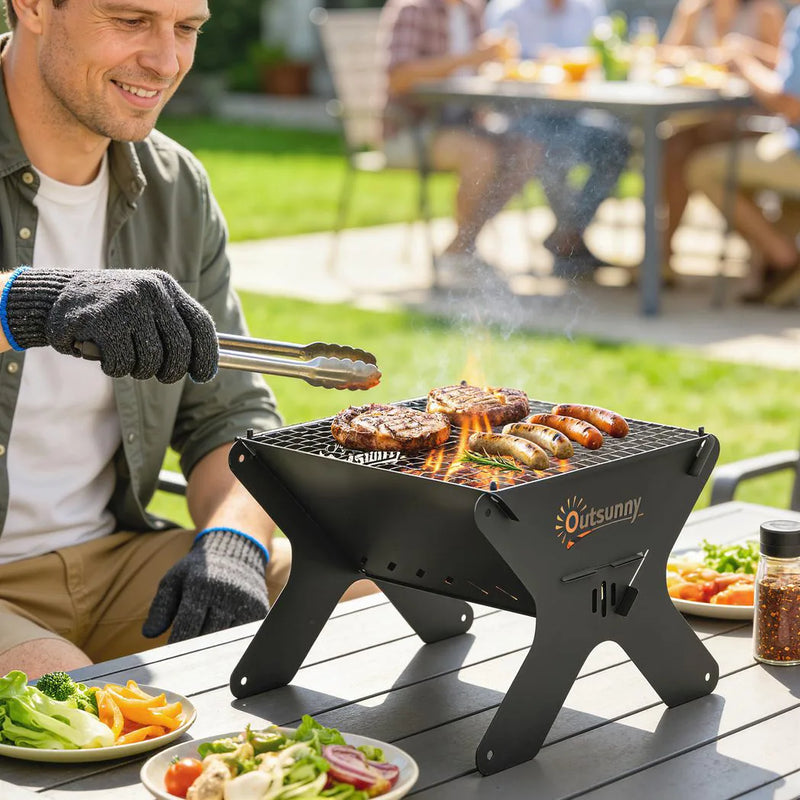 Outsunny 2-In-1 Portable BBQ Grill and Camping Fire Pit, Tabletop Charcoal Barbecue Grill with Gripper, Gloves and Carry Bag