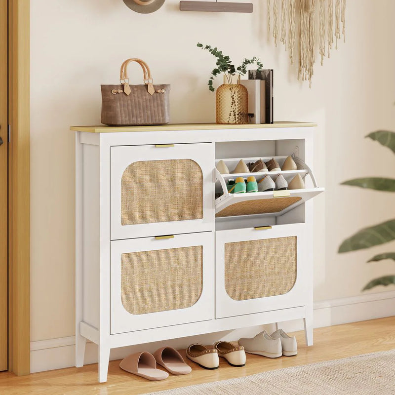 HOMCOM Narrow Shoe Cabinet, Boho Slim Shoe Storage Cabinet with 4 Flip Drawers, Holds 20 Pairs, White