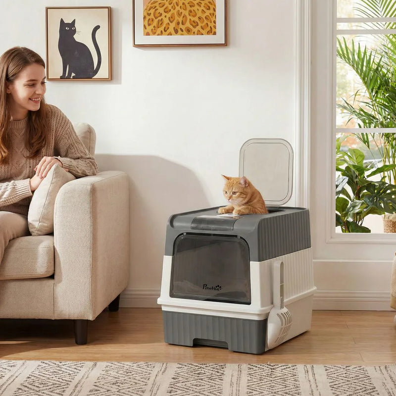 PawHut Enclosed Cat Litter Box with Lid, Pull-Out Drawer Tray, Scoop, 2 Deodorisation Bags, Front Entry & Top Exit, Grey