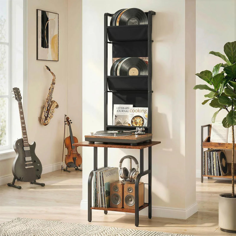 HOMCOM Vinyl Record Player Stand Record Storage with Player Stand Oxford Fabric Pockets Bottom Shelf Rustic Brown and Black
