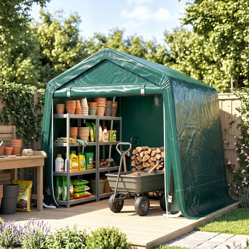 Outsunny 8 x 6.5 ft Outdoor Garden Storage Shed, Waterproof Bike Tent with Double Roll-up Zipper Door for Garden Tools, Green