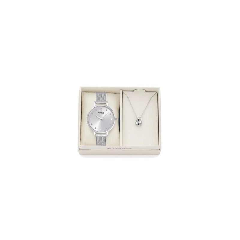 Lorus Ladies Teardrop necklace Bling Silvertone Sunray dial Silvertone Twin Stainless Steel Bracelet Watch Gift Set