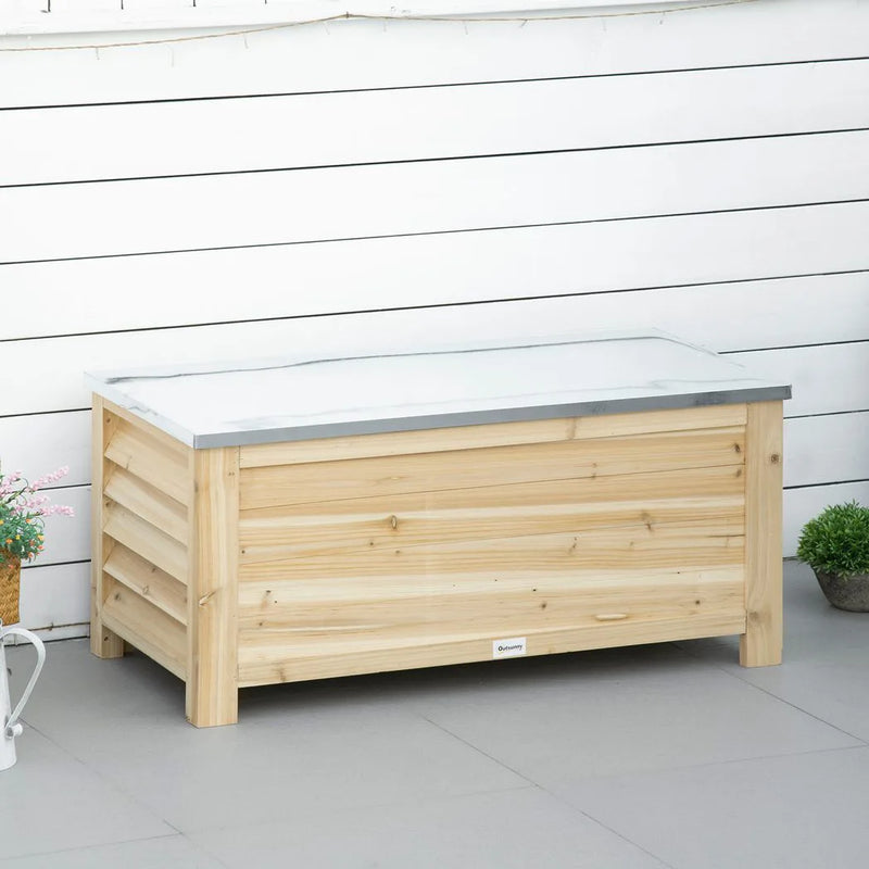Outsunny 155L Outdoor Storage Box with Metal Top and Shutter Walls, Wooden Outside Tool organiser Container, for Garden, terrace