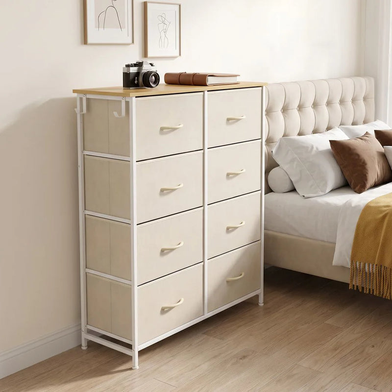 HOMCOM Chest of Drawers, Dresser with 8 Fabric Drawers, Tall Storage Unit with 4 Pockets and 2 Hooks Steel Frame, Beige