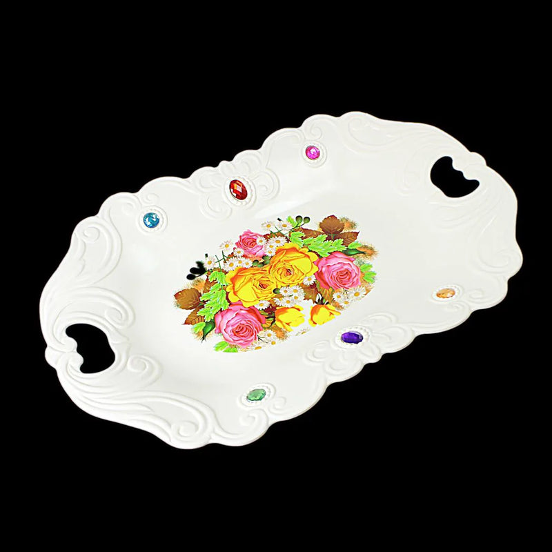 Plastic Jewelled Serving Tray With Handles And Printed Design Assorted Designs