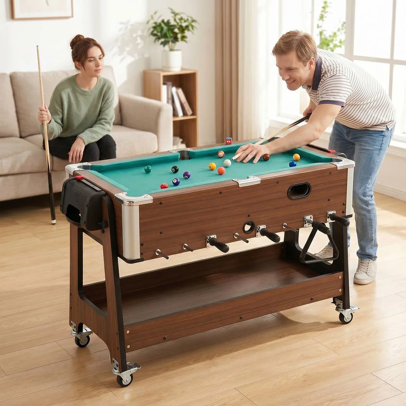 SPORTNOW 3 in 1 Multi Game Table, 3.4ft Reversible Air Hockey Pool Football Games Table with Lockable Wheels, Storage Shelf