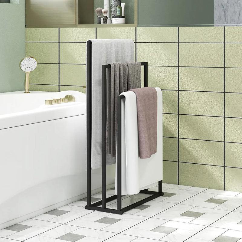 HOMCOM Freestanding Towel Rack, Steel Towel Rail Holder with 3 Bars, Black