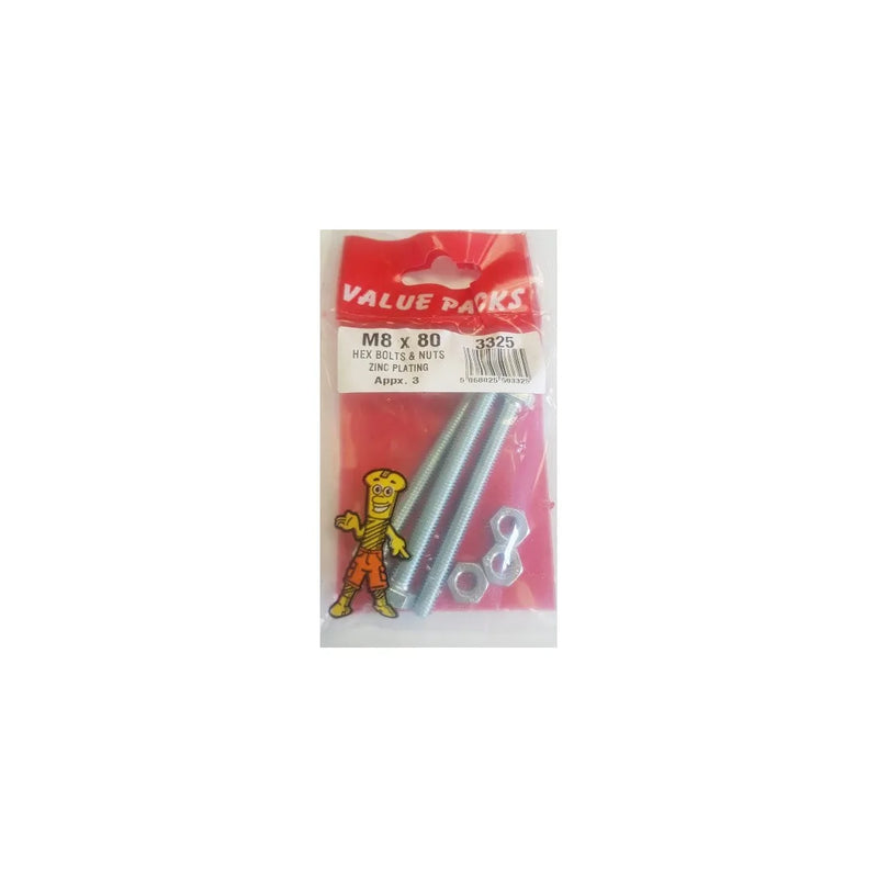 Value Pack M8 x 80 He x Bolts & Nuts Zinc Plating Pack Of 3