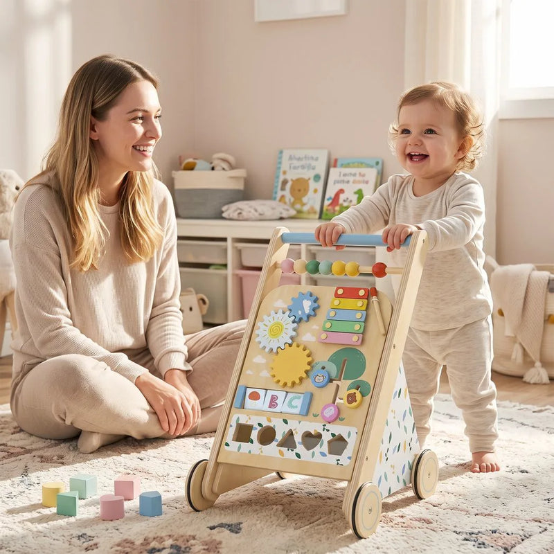 AIYAPLAY Wooden Baby Walker, Toddler Push Along Walker with Speed Control, Activity Centre and 5 Blocks for 18 Months, Natural