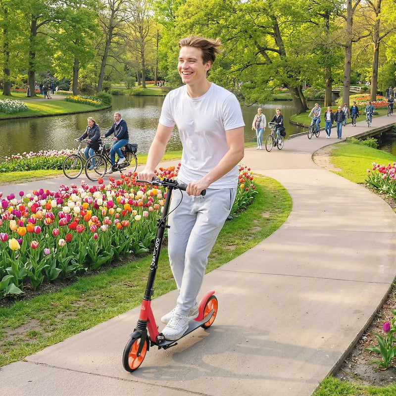 HOMCOM One-click Folding Kick Scooter for 14 w/ Adjustable Handlebar, Push Scooter with Kickstand, Dual Brake System, Red